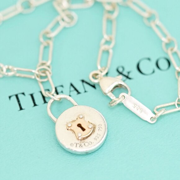 Tiffany & Co. Lock Round Chain Bracelet 6.9" SV925 & 18K Gold Auth w/Box #22323 - Picture 1 of 6